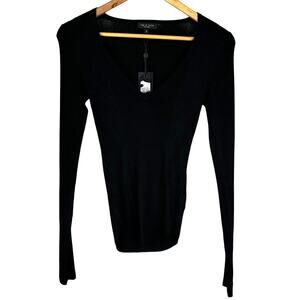 Rag & Bone Women's Black Ribbed V-Neck Long Sleeve Size Small New With Tags